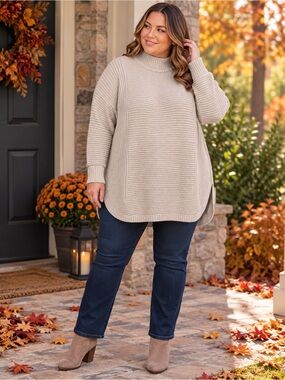 Mock Neck Tunic Ribbed Sweater | Oatmeal | Cotton Blend | Aspen 2X Plus Size